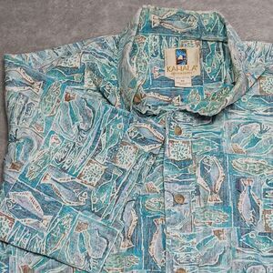 Vtg Kahala M Hawaiian Shirt Blue Fish AOP Eclectic-Grandpa Hawaii-Made Aloha M